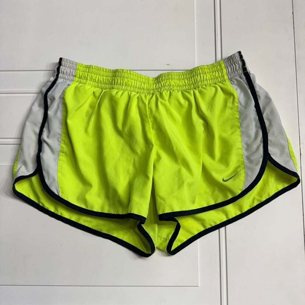 Nike Dri Fit Women’s Size L Neon Yellow Green White Running Athletic Shorts